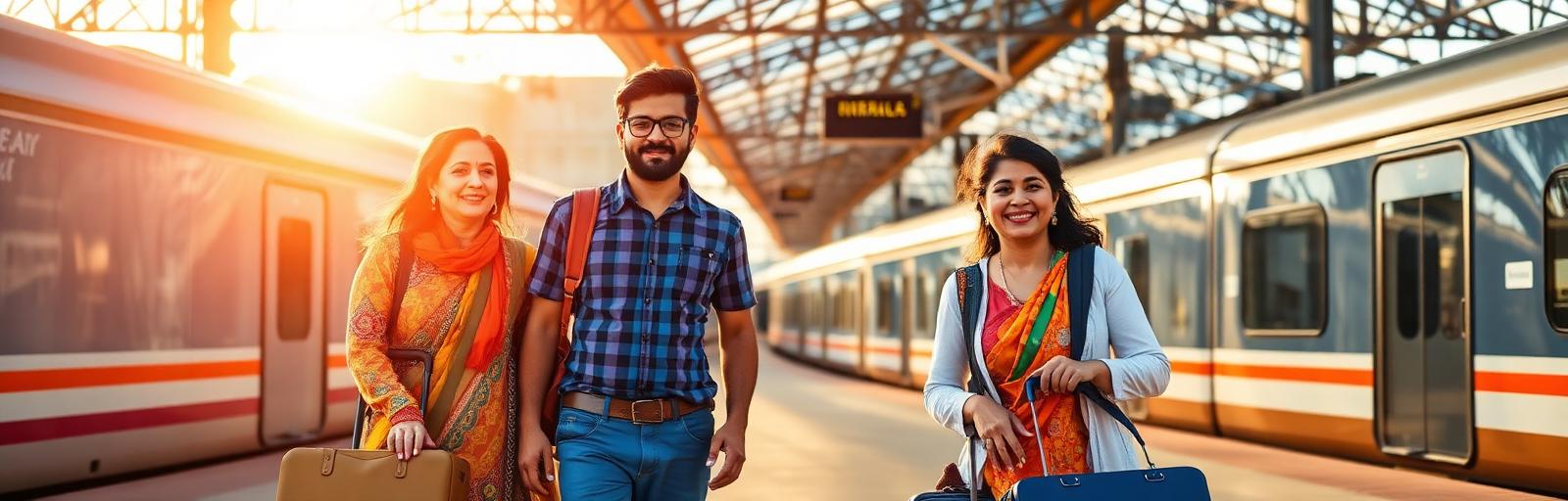 Happy family travelers at an Indian railway station